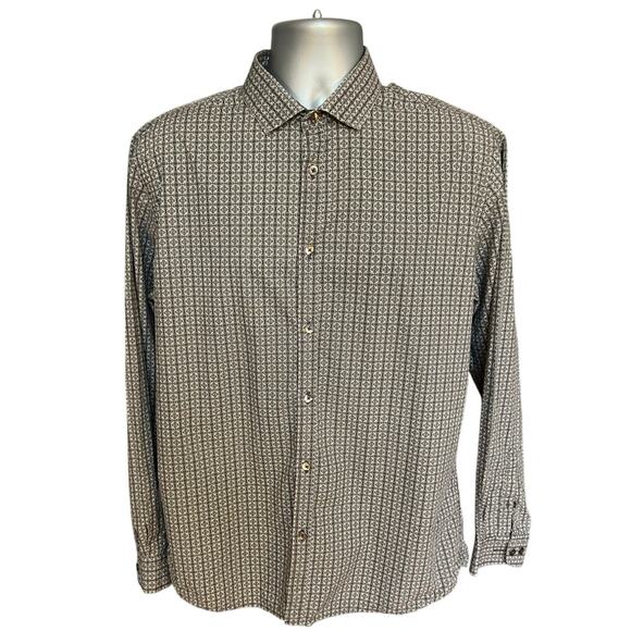 Stitch Note Neutral Geometric Egyptian Cotton Long Sleeve Button Down Size L - Picture 1 of 9